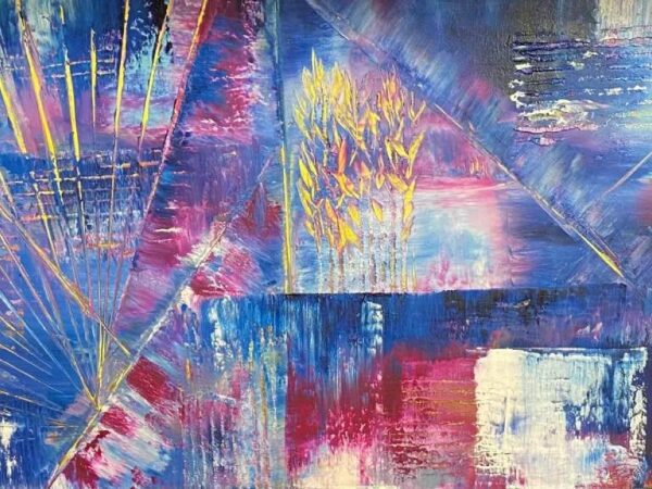 A painting of a blue and pink abstract background