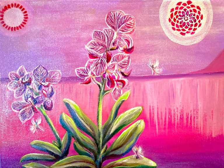 A painting of flowers in front of the moon.