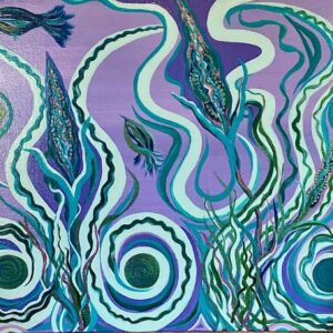 A painting of plants and sea life in purple, green and blue.