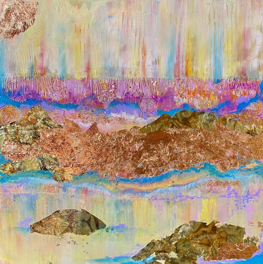 A painting of rocks and water with a sky background