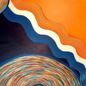 A painting of an orange and blue wave