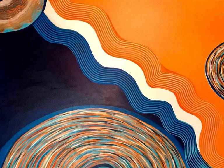A painting of an orange and blue wave