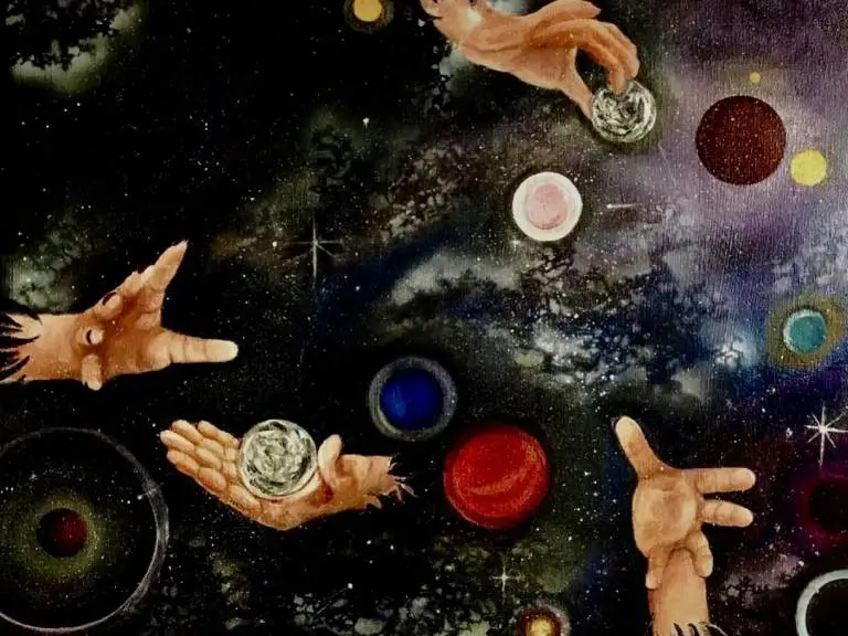 A painting of hands holding coins in the air.