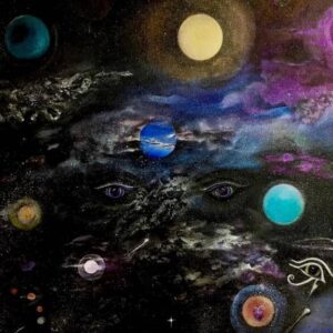 A painting of the planets and stars with eyes.
