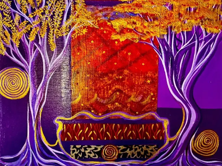 A painting of trees and leaves in front of a purple wall.