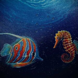 A painting of two fish and a sea horse