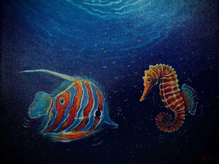 A painting of two fish and a sea horse