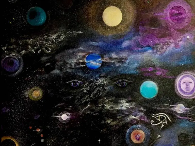 A painting of the planets and stars with eyes.