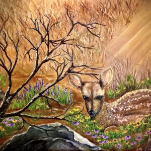 A painting of a deer in the woods