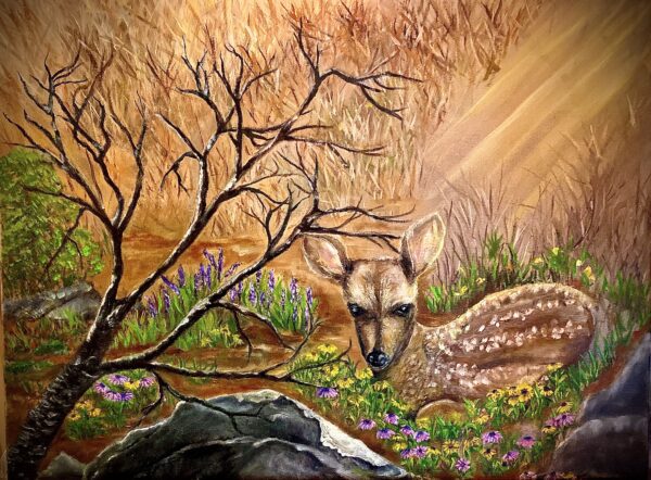 A painting of a deer in the woods