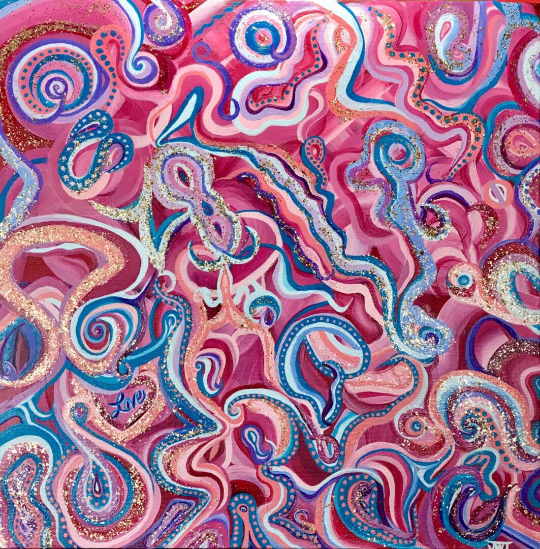 A painting of swirling patterns in pink and blue.