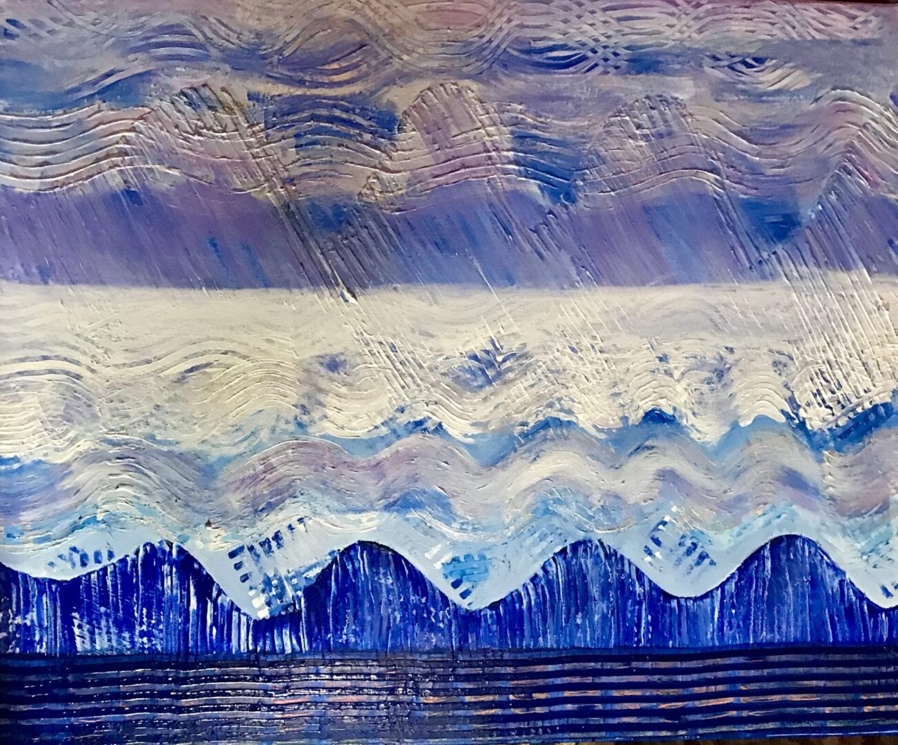 A painting of waves on the ocean with a sky background