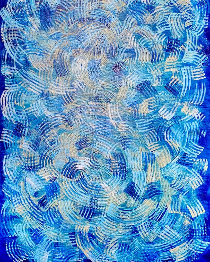 A blue painting with white and yellow swirls