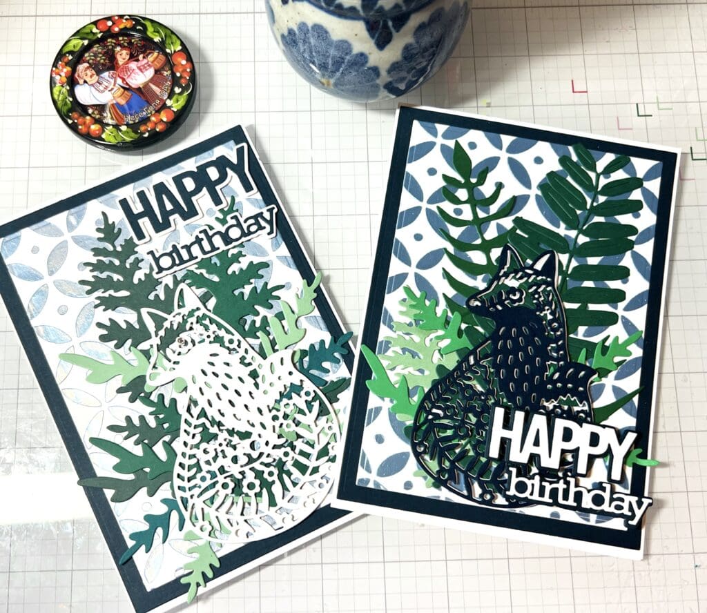 Two handmade happy birthday cards with foxes.