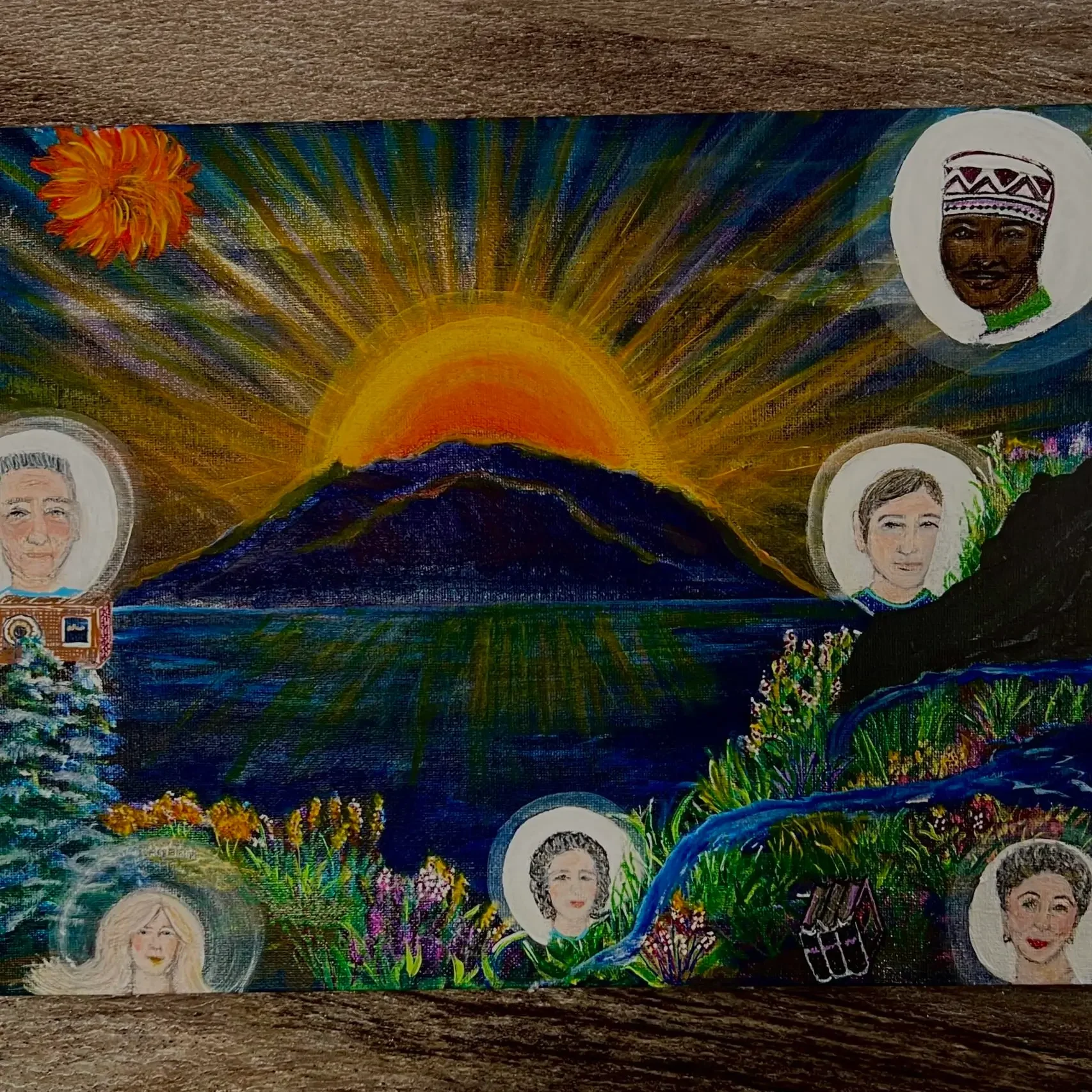 Sunrise painting with multiple figures.