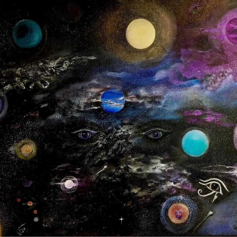 A painting of planets and stars in the sky.